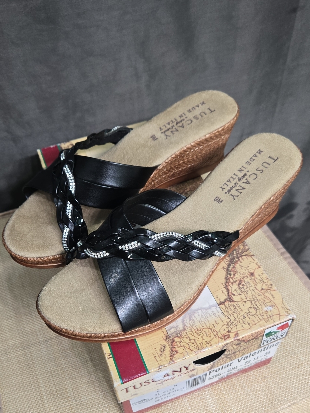 easy street Tuscany Black Braided Wedge Sandals with Rhinestone Trim